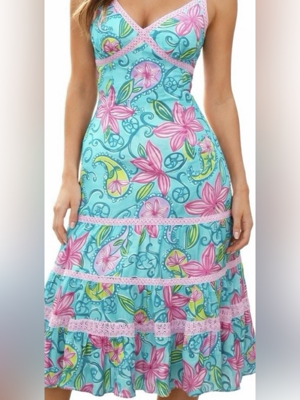 Vintage Lilly Pulitzer Jacinda dress lazy paisley tiered blue pink midi 12